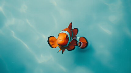 Fototapeta na wymiar A playful clownfish in a vibrant aquatic habitat, against a light blue background.
