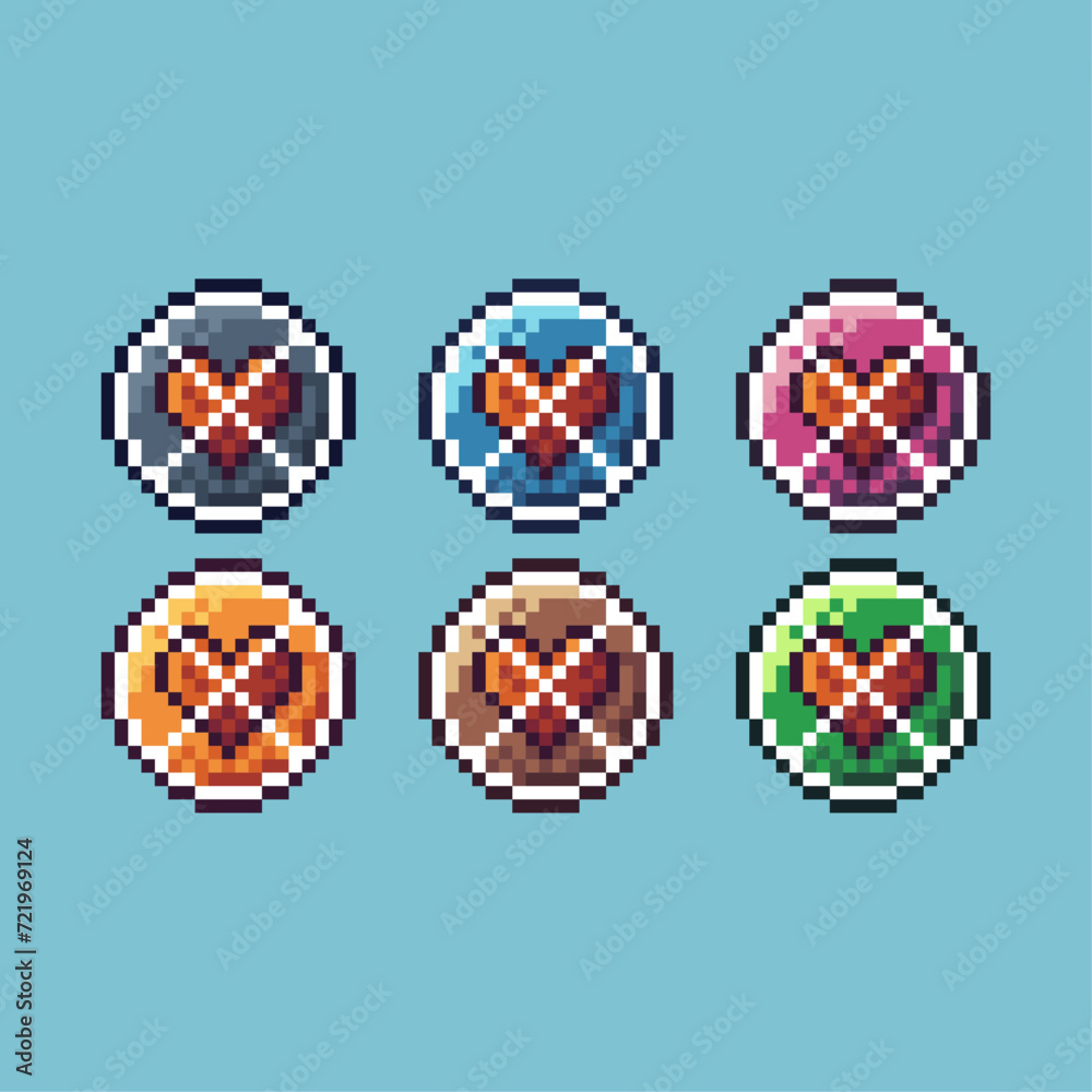 Poster pixel art sets icon of locked heart variation color. heart symbol icon on pixelated style. 8bits per