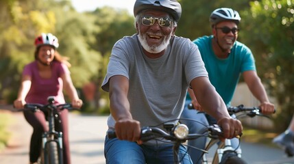 Obraz premium a man and woman riding bikes down a street