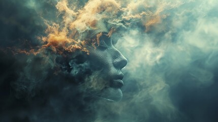 a woman's face is surrounded by smoke and clouds - obrazy, fototapety, plakaty