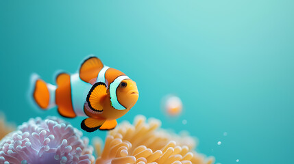 A playful clownfish swimming happily in its aquatic habitat against a soothing light blue background.