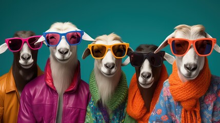 Groovy Goats in Shades: A Colorful Twist on Farmyard Chic - obrazy, fototapety, plakaty