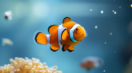 Fototapeta na wymiar A silly clownfish swimming in a vibrant aquatic setting against a calming light blue background.