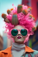 Surreal portrait of a girl with pink hair and a cactus hairstyle wearing pink sunglasses. Exotic cyberpunk style. Vivid colors.