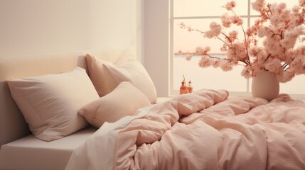 A comfy bedroom with a bed dressed in soft peach fuzz color bedding