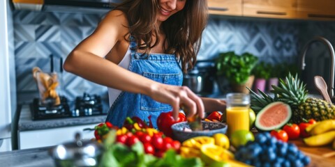 Fit woman in good shape standing in the kitchen, preparing a healthy smoothie food