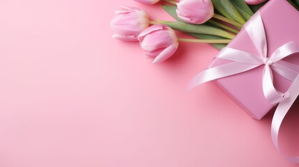 Mother's Day or valentine romantic concept. Top view photo giftbox with ribbon bouquet of tulips on pink background with copy space