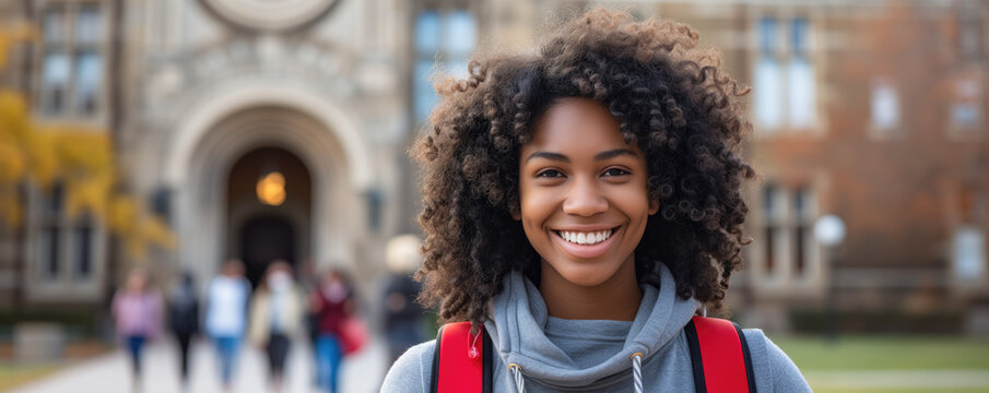 Happy African American female student in front of university building