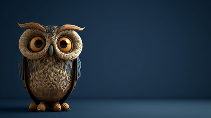 A charming 3D cartoon owl with an air of wisdom and intrigue against a backdrop of midnight blue.