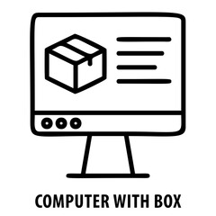Computer with box, technology delivery, computer shipping, new computer, unboxing, technology package, computer in a box, computer icon, technology unpacking
