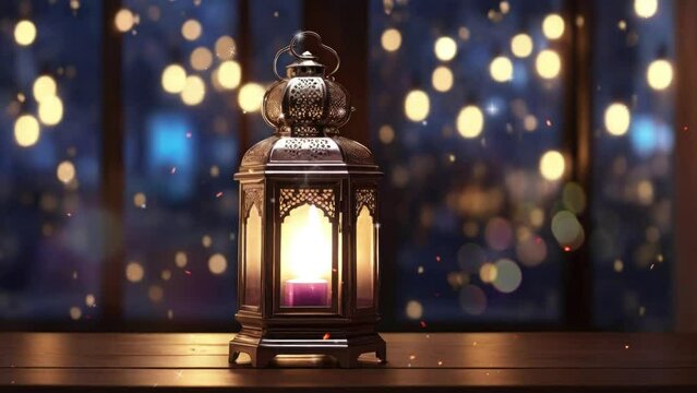 Lantern with candle at ramadan night bokeh blur background. Seamless looping time-lapse virtual 4k video animation background.