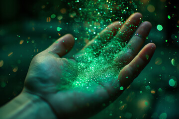 Fototapeta premium Hand with bright green starlight forming green light.