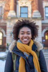 Fototapeta premium Happy African American female student in front of university building