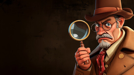 A clever detective with a magnifying glass, searching for clues on a dark brown background.