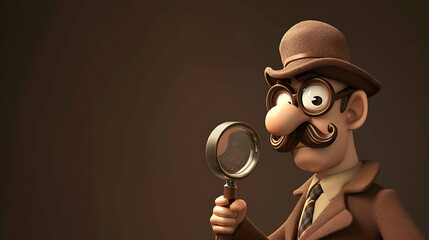 A clever detective with a magnifying glass, searching for clues on a dark brown background.