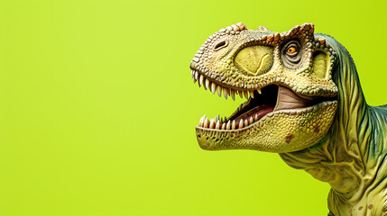 A captivating fierce dinosaur showcasing a warm friendly smile against a vibrant lime green background.