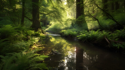Enchanted Forest Creek: Sun-Kissed Ferns and Reflective Waters AI-Generative