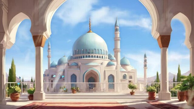 beautiful view of mosque from moslem islamic balcony in ramadhan kareem blue sky. Seamless looping 4k time-lapse virtual video animation background