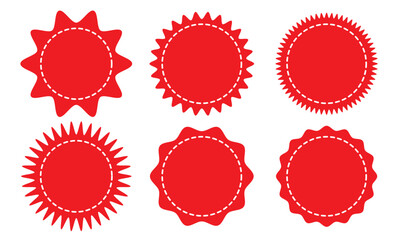 Set of circles with zigzag edges. Labels, stickers, badges, stamps round shapes. Star or sunburst icons isolated on white background. Stitched zig-zag circle collection. Price tag. Retro stars.