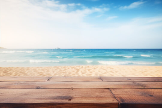 Empty Wooden table top near a sea beach in the morning, mockup for product placement, blur background
