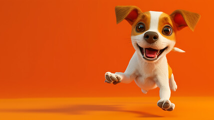 Meet a lively animated pup, radiating joy and excitement, playfully frolicking on a vibrant orange backdrop.