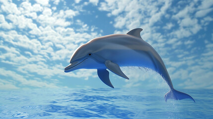 A stunning 3D animated dolphin gracefully gliding through a vibrant sky blue background, emanating joy and delight.