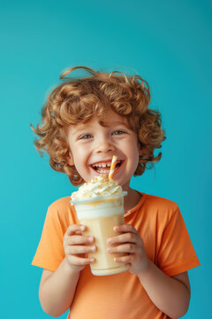 Happy child drinking milkshake on color background