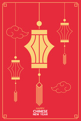 Chinese New Year lanterns, modern art design, gold and red color for cover, card, poster, banner, flat design, Vertical front view.