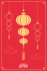 Chinese New Year lanterns, modern art design, gold and red color for cover, card, poster, banner, flat design, Vertical front view.