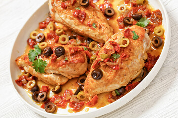 chicken breasts with vegetables, olives, top view
