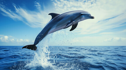 A playful dolphin, splashing as it leaps out of the sparkling blue water against a serene sky blue background.