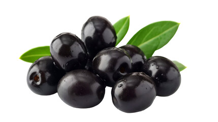 black olives with leaves isolated on transparent background