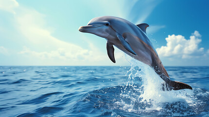 Fototapeta premium A lively dolphin jumps out of the water against a serene sky blue backdrop.