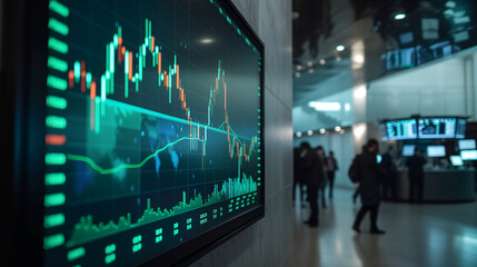 A detailed image of an interactive uptrend candlestick chart on a touchscreen display in a high-tech trading room, Generative AI