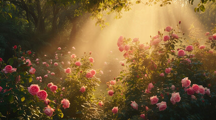 A sun-drenched rose garden with fragrant blooms, emanating warmth and enchantment in the soft morning light - obrazy, fototapety, plakaty