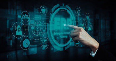 Enterprise Resource Management ERP software system for business resources plan presented in modern graphic interface showing future technology to manage company enterprise resource. uds