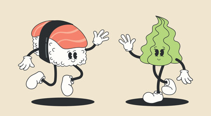 Cartoon jumping sushi character, salmon nigiri with wasabi girl. Retro Groovy style. Vector illustration of EPS10.