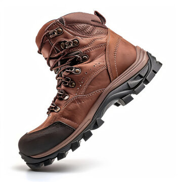 Brown Leather Hiking Boot with rugged sole isolated on white