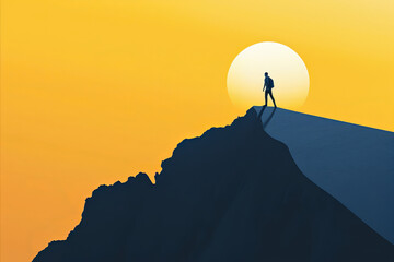 a minimal graphic of a business person at the top of a mountain. Business success and achievement