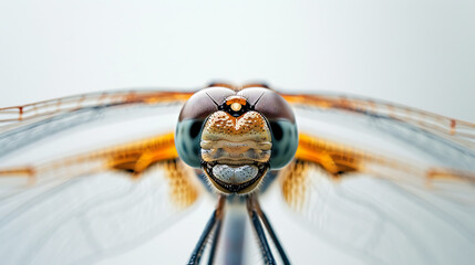 A captivating eye-level shot of a dragonfly in perfect focus, with a shallow depth of field, showcasing the delicate details of its wings.