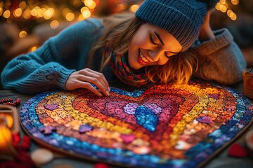 Friends hosting a virtual puzzle night with heart-shaped jigsaw puzzles - obrazy, fototapety, plakaty