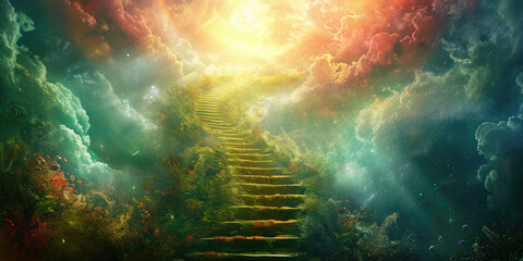 A mystical depiction of a celestial staircase ascending towards a radiant, divine light amidst ethereal clouds and a spectrum of cosmic colors. - obrazy, fototapety, plakaty