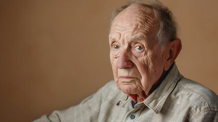 A kind-hearted elderly man with a warm expression on a calming beige backdrop.