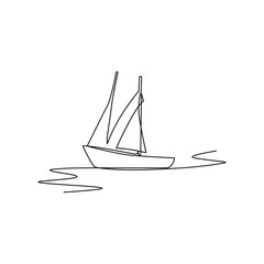 Continuous one-line drawing of a sailboat on sea waves and outline line vector art of a sea boat Isolated illustration