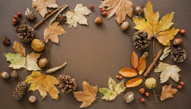 Autumn Elegance: Top View of a Frame Crafted from Dried Leaves on a Rich Brown Background"