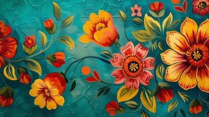 Tuinposter Colorful Floral Painting on a Teal Background - Folklore Motifs in Canvas Shaped Light Fabrics Art Wallpaper created with Generative AI Technology © Sentoriak
