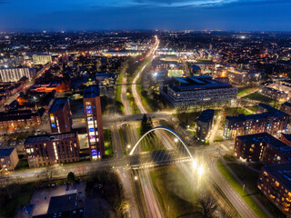 Aerial image of Manchester Princes Road that leads to Manchester Airport showing light trails from the traffic 