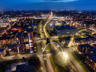 Aerial image of Manchester Princes Road that leads to Manchester Airport showing light trails from...