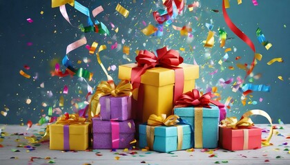 Fototapeta na wymiar Festive Bliss: Merry Christmas and a Colourful New Year with Gift Boxes and Confetti