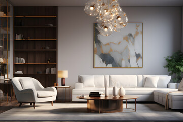 A contemporary living room with a statement lighting lamp
